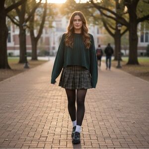 American Eagle Forest Green Oversized Ribbed Cropped Sweater - Medium